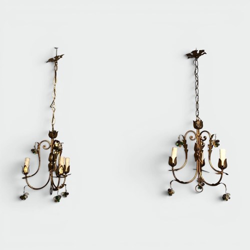 Pair Of Gilt Metal Chandeliers With Foliage And Coloured Glass Grape Clusters, F