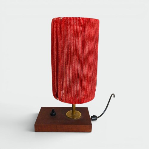 Small Wood, Brass And Wool Table Lamp, French Work, Circa 1950