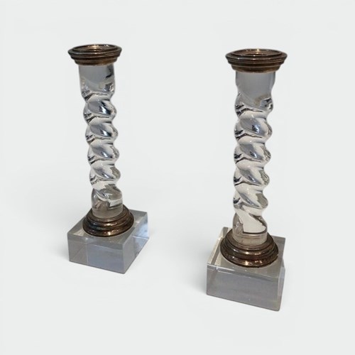 Pair Of Modernist Twisted Lucite And Silver-Plated Candlesticks, French Circa 19
