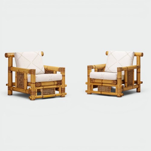 Pair Of Large Bamboo Armchairs With Pierre Frey Cushions