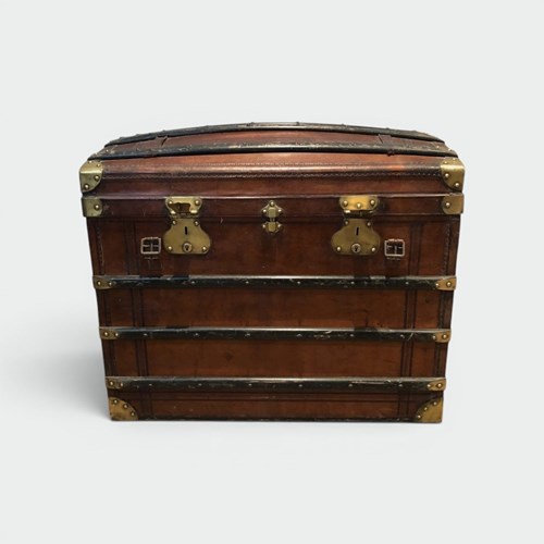 Domed Travel Trunk In Leather, Wood And Brass, French, Circa 1900