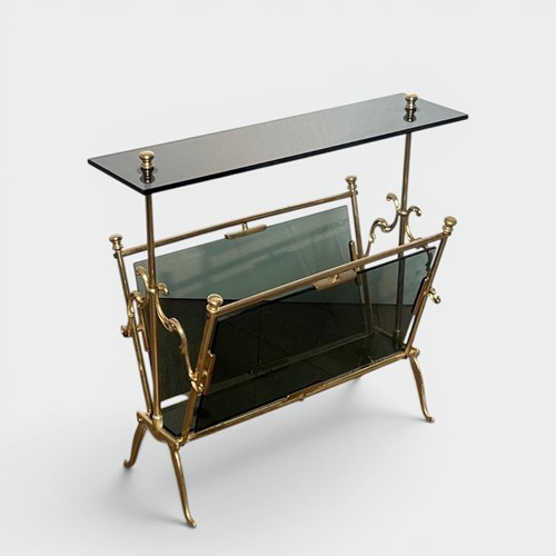 Magazine Rack In Brass And Blue-Tinted Glass, Art Déco, French, Circa 1940