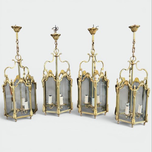 Set Of Four Hexagonal Bronze And Glass Lanterns, Louis XV Style, French, Circa 1