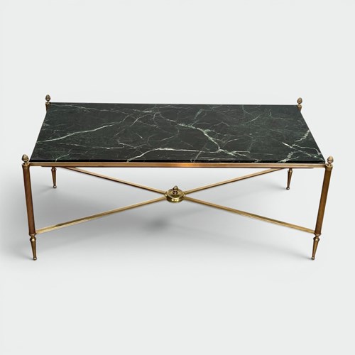 Neoclassical Brass Coffee Table With Green Marble Top By Maison Jansen, French W