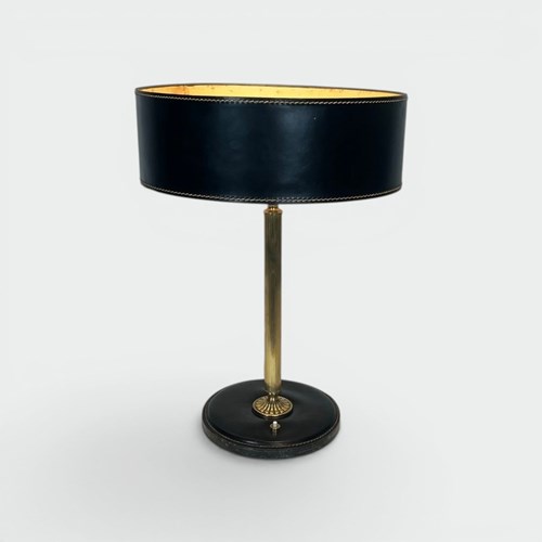 Black Leather And Brass Desk Lamp In The Style Of Jacques Adnet