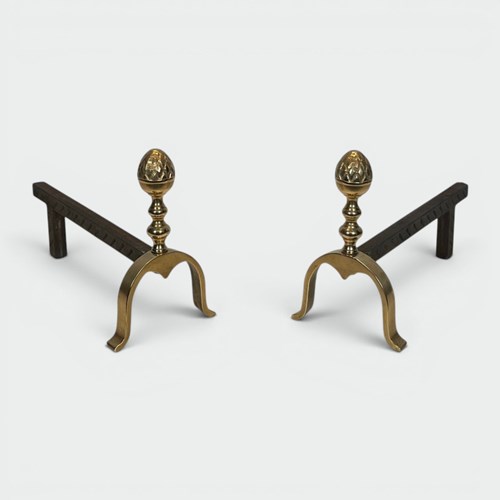 Pair Of Neoclassical Brass And Iron Andirons With Pine Cone Finials