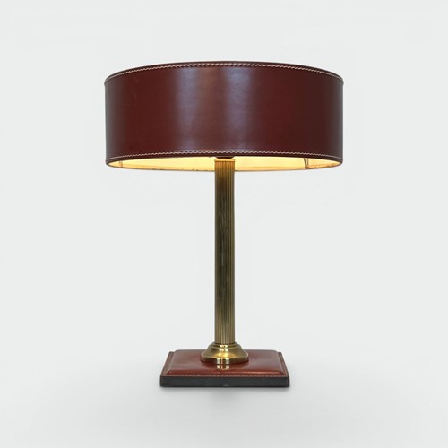 Desk Lamp In Red Leather And Brass In The Style Of Jacques Adnet, Circa 1970