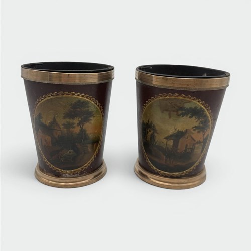 Pair Of Painted Tole And Brass Cache-Pots, Bucolic Landscapes, 19Th Century.