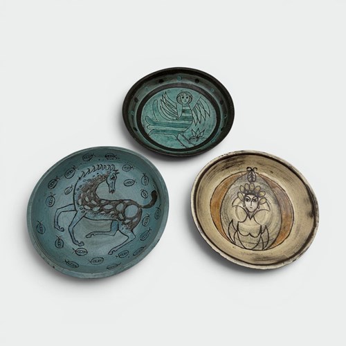 Set Of Three Glazed Ceramic Shallow Bowls With Mythological Decor, Signed Studio