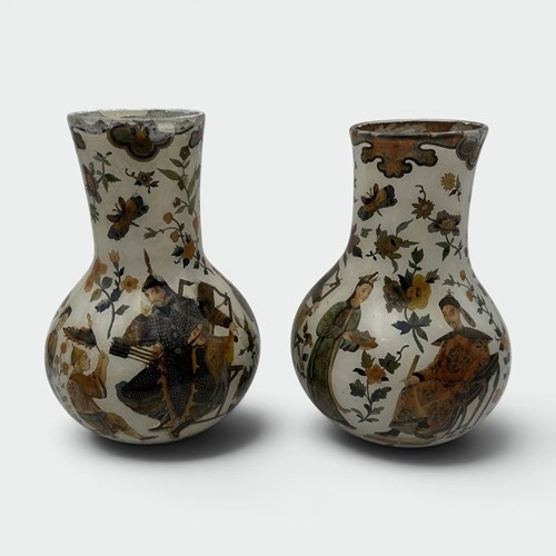 Rare Pair Of Arte Povera Glass Vases With Chinoiserie Decor, Piedmont, 18Th C.