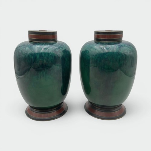 Pair Of Sèvres Porcelain Covered Vases With Emerald Glaze, Art Deco