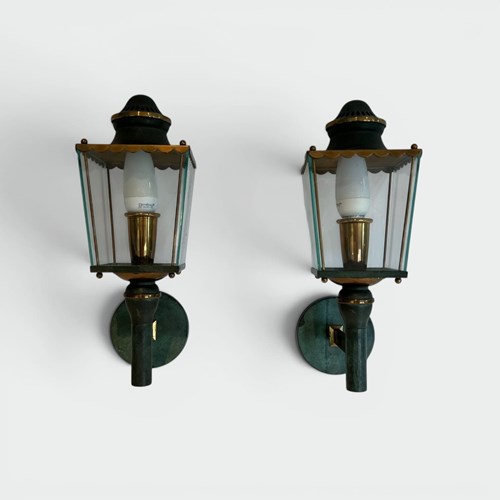 Pair Of Lantern Sconces In Green-Patinated Metal And Brass With Gla