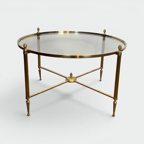 Round Neoclassical Brass Coffee Table Fluted Uprights Pinecone Finials Glass 194