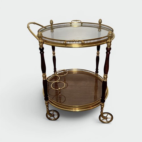 Oval Brass And Mahogany Bar Cart With Openwork Gallery And Bottle Holder