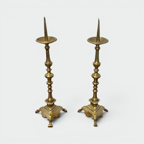 Pair Of Large Brass Altar Pricket Candlesticks Baluster Shaft Tripod 18Th C