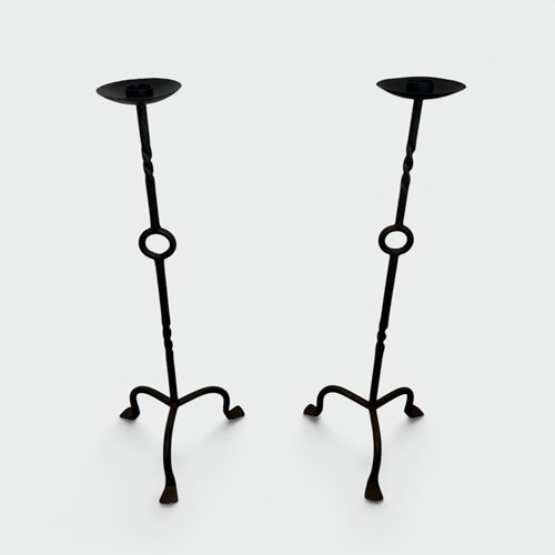 Pair Of Wrought Iron Standing Pricket Candlesticks With Twisted Shaft And Ring. 