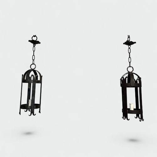Pair Of Cylindrical Wrought Iron Lanterns. French Work. Circa 1950