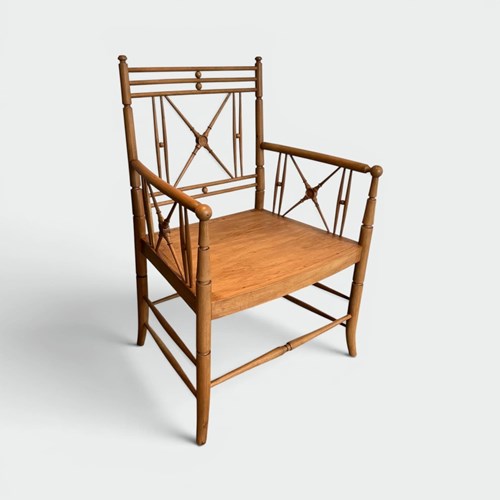 Vicario Armchair In Natural Faux Bamboo Wood With Lattice. French Work. Circa 19