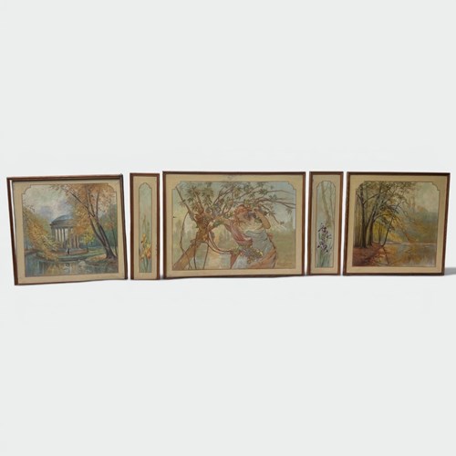 Set Of Five Art Nouveau Decorative Panels. Allegory With V. French Work By The A