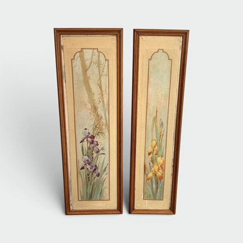 Pair Of Art Nouveau Decorative Panels With Purple And Yellow Irises. French Work