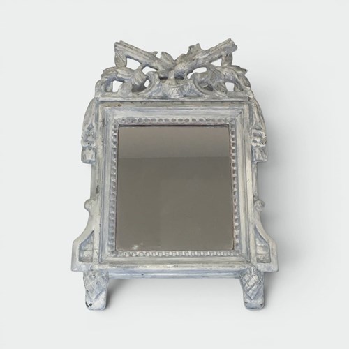 Louis XVI Style Mirror In Carved Wood With A Grey Patina With A Pediment Of Dove