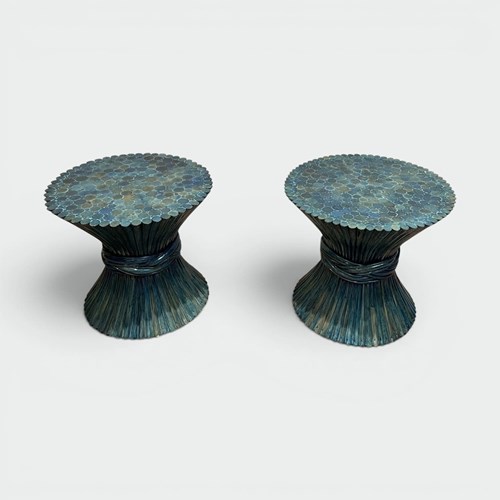 Pair Of Bamboo Side Tables In The Shape Of A Wheat Sheaf. Turquoise Lacquere. Am