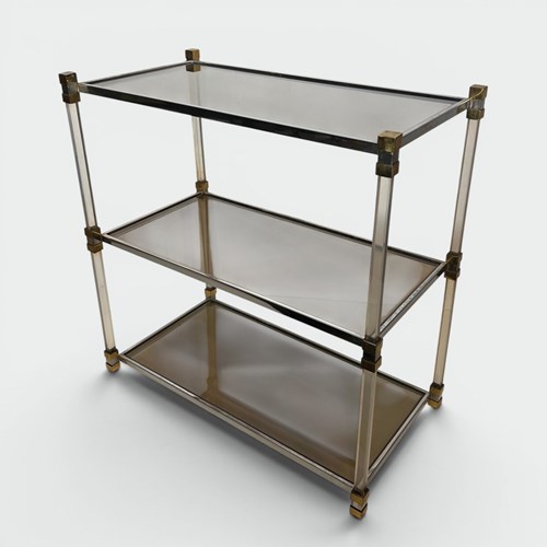 Lucite Shelf Unit With Three Smoked Glass Tiers And Brass Ends. French Work. Cir