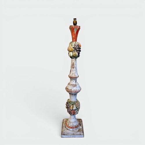 Baluster Floor Lamp In Polychrome Carved Wood With Clusters Of Fruit. Italian Wo