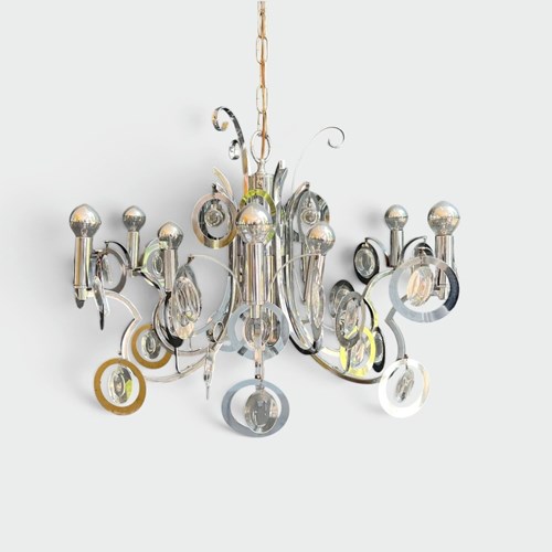 Design Chandelier In Chromed Metal With Scrolls And Optical Glass Lenses