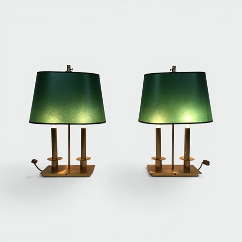 Pair Of Two-Light Brass Table Lamps With Green Shades. French Work In The Manner