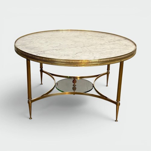 Round Neoclassical Brass Coffee Table Beaded Gallery White Marble 1940S