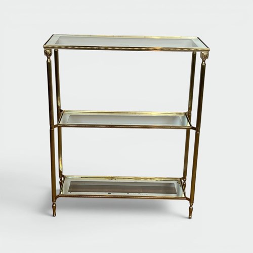 Three-Tier Brass Console With Beaded Frieze. Mirror-Bordered Glass. Circa 1940