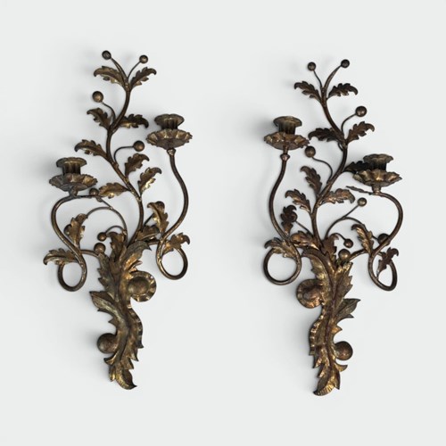 Pair Of Two-Light Gilt Metal Sconces With Foliage And Berry Decoration. Italian 