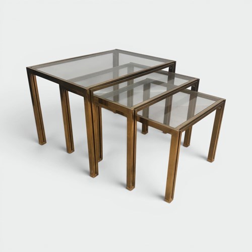 Set Of 3 Nesting Tables In Brass And Glass. French Work By Guy Lefèvre For Maiso