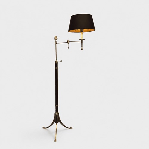 Floor Reading Lamp In Mahogany And Gilt Brass With Articulated Arm And Tripod Ba