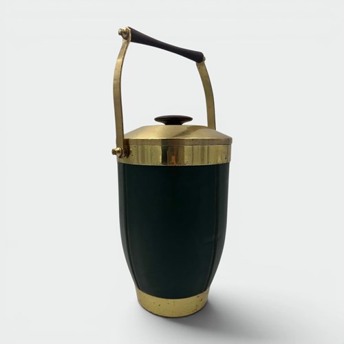 Ice Bucket Sheathed In Green Leather And Brass With An Arched Handle. Italian Wo