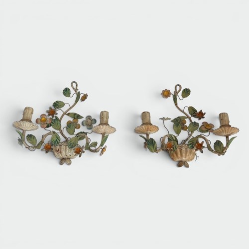 Pair Of Flower-Basket Sconces In Painted Tole