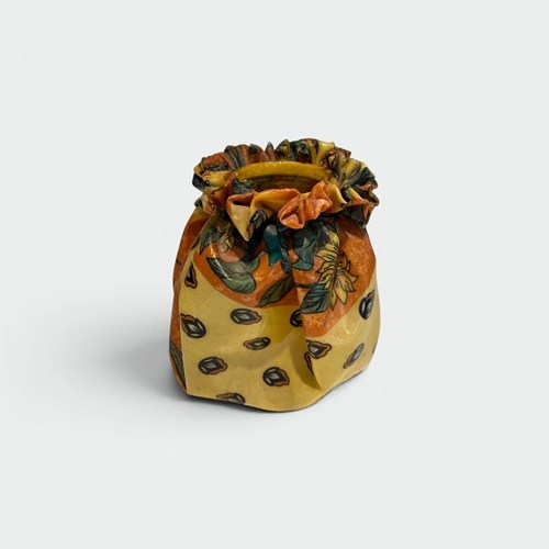 Trompe-L'œil Ceramic Vase In The Form Of A Knotted Sack With Floral Decoration. 