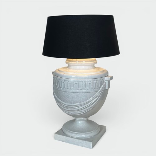 Large White Crackle-Glazed Ceramic Urn Lamp With Drapery And A Greek Frieze. Neo