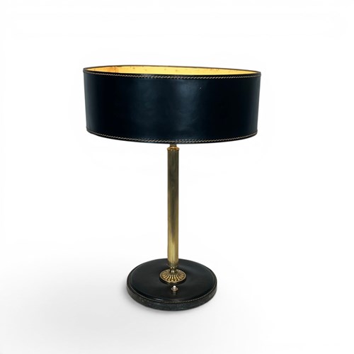 Table Lamp In Black Saddle-Stitched Leather And Gilt Brass. In The Style Of Jacq