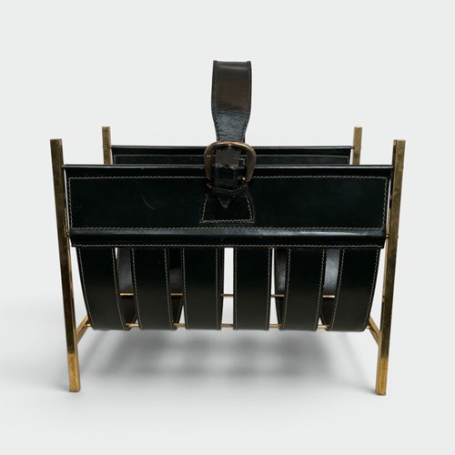 Magazine Rack In Black Saddle-Stitched Leather And Brass With A Buckled Handle. 