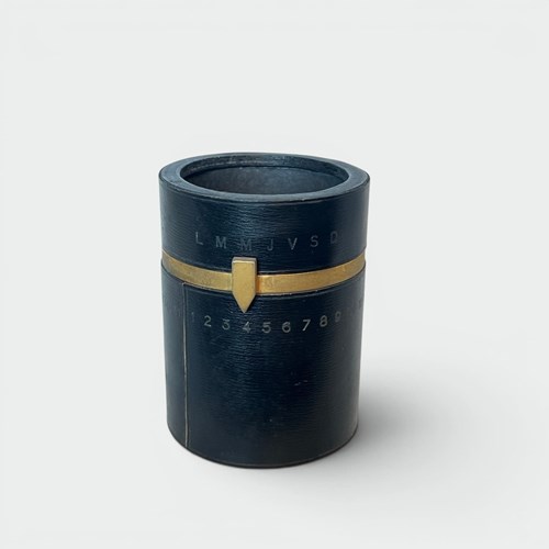 Cylindrical Pencil Holder In Black Leather With Rotating Perpetual Calendar And 