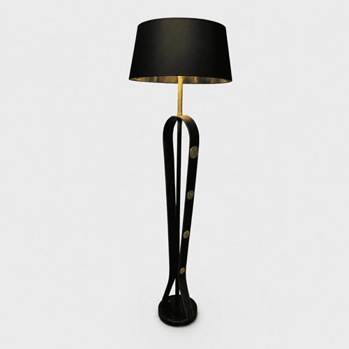 Floor Lamp In Black Saddle-Stitched Leather With Brass Equestrian Medallions. Ja