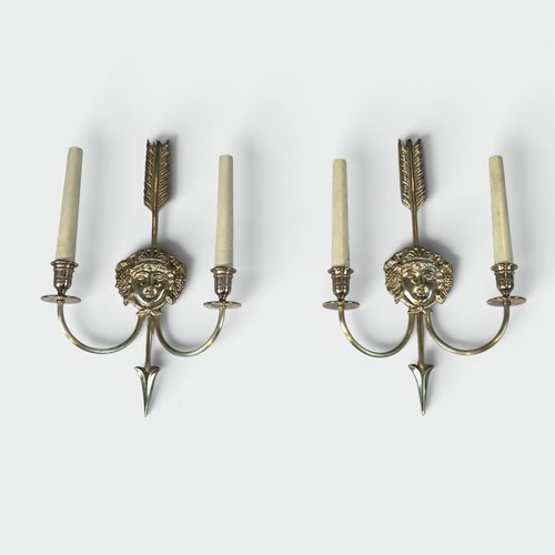 Pair Of Two-Light Bronze Sconces With Arrow And Bacchante Mask Decoration. Neocl