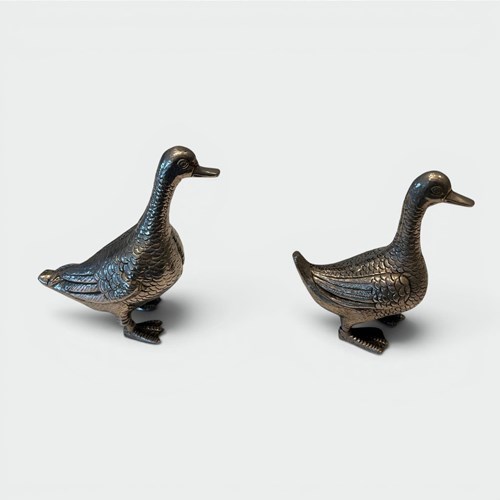 Pair Of Decorative Ducks In Silvered Metal. 1970S Work