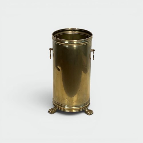 Cylindrical Brass Umbrella Stand With Ring Handles And Claw Feet. Neoclassical S