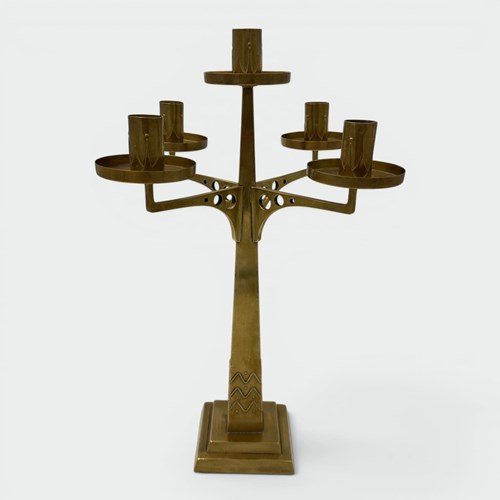 Five-Light Brass Candelabrum. Jugendstil Style. With Openwork Geometric Decorati