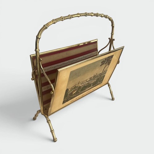Faux Bamboo Gilt Brass Magazine Rack With Panels Depicting Views Of Italy. Maiso