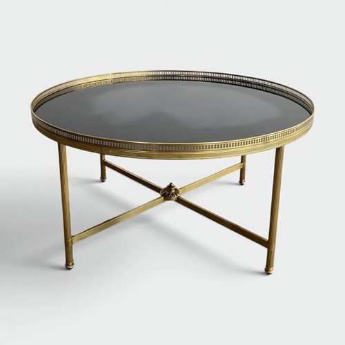 Round Neoclassical Brass Coffee Table With Openwork Gallery And Black Lacquered 