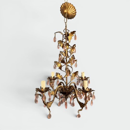 Gilt Metal Chandelier With Foliage Decoration And Pink Crystal Drops. Italian Wo